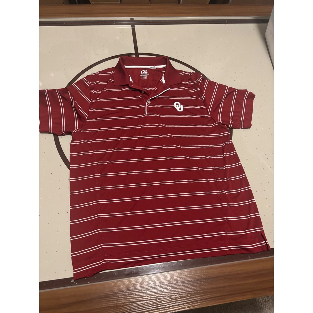 1159 Cutter & Buck Oklahoma Sooners Polo Shirt Mens L Red Striped CB DryTec OU
